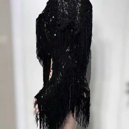 Sparkly Black Rhinestone Fringe Dress & Shawl 2-Piece Set Stage Performance Costume