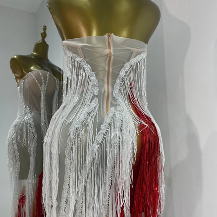 Pearl & Crystal Bustier High-Slit Maxi Gown Cascading Ombré Fringe Evening Dress
