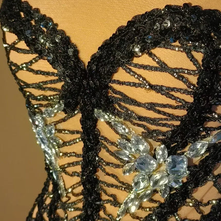 Sparkly Butterfly Rhinestone & Tassel Fringe Backless Evening Dress Stage Costume
