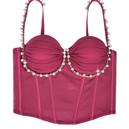 Pearl & Rhinestone Embroidered Bustier Corset Crop Top High Street Bralette