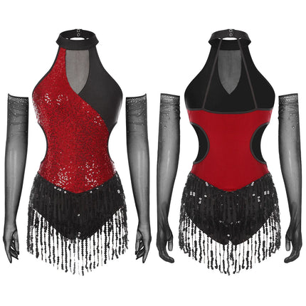 Sequined Fringe Latin Dance & Figure Skating Jumpsuit Leotard Set with Mesh Gloves