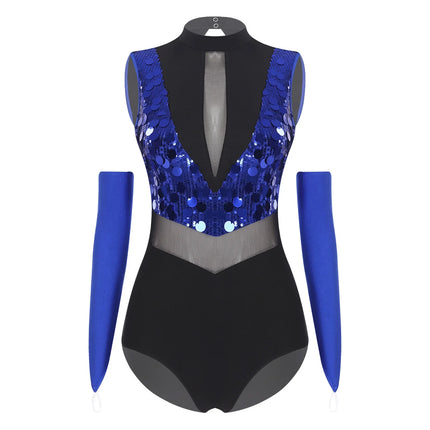 Sparkly Sequin Mock Neck Dance Leotard & Gloves Two-Piece Bodysuit Set