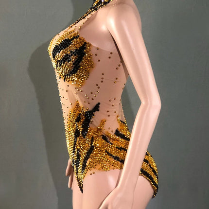 Sparkly Rhinestone Transparent Mesh Bodysuit Stage Performance Costume
