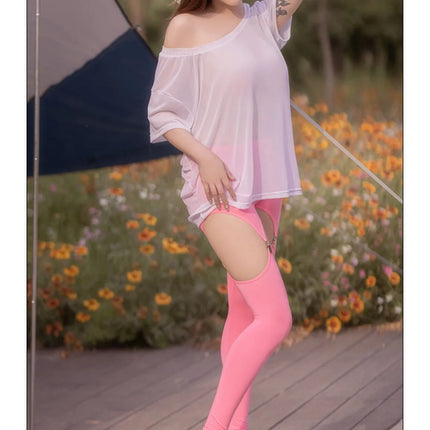 Hollow Out Buckle Shaper Oil Shiny Leggings Garter Belt Pencil Pants