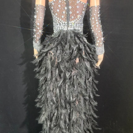 Sparkly Rhinestone & Feather Long Tail Bodysuit Set Stage Costume