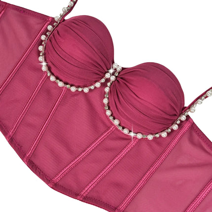 Pearl & Rhinestone Embroidered Bustier Corset Crop Top High Street Bralette
