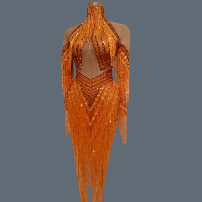 Orange Sparkly Crystal Fringe Bodysuit Off-Shoulder Stage Performance Costume Leotard
