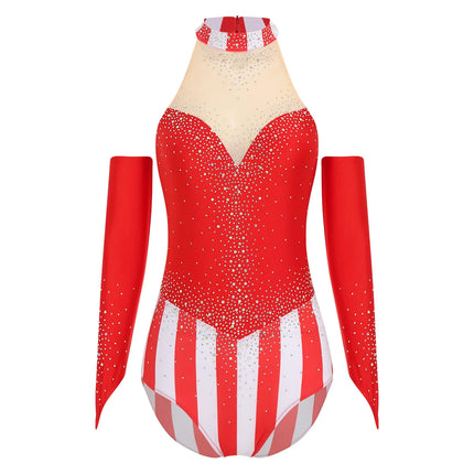 Circus Ringmaster Rhinestone Striped Leotard & Fingerless Gloves Costume Set