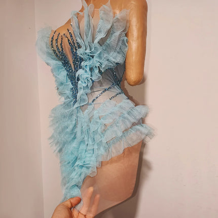 Vintage-Inspired Sparkly Rhinestone Sheer Blue Geometric Pattern Tube Short Dress