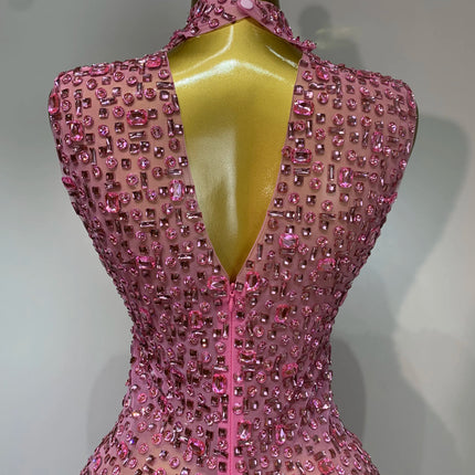 Sparkly Rhinestone Sleeveless Maxi Long Dress See-Through Sheer Mesh Stage Outfit