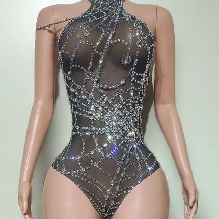 Sparkly Silver Rhinestone Spider Web Mesh Stage Performance Costume Set