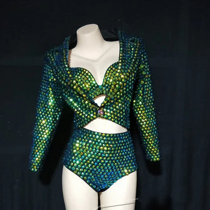 The Stardust Emerald Siren 3-Piece Suit – Luxury Rhinestone Cabaret Ensemble