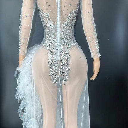 Sparkly Silver Sequin Long Sleeve Mesh Evening Dress High Split Stage Birthday Gown