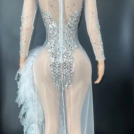 Sparkly Silver Sequin Long Sleeve Mesh Evening Dress High Split Stage Birthday Gown