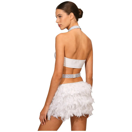 Glittery Rhinestone & Faux Feather Latin Dance Leotard Halter Bodysuit