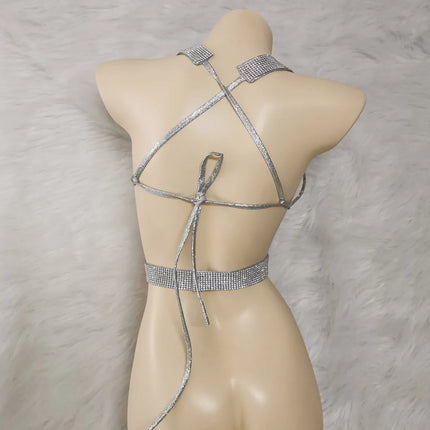 Sparkly Silver Carnival Rhinestone Wire Bra Festival Push-Up Dance Top