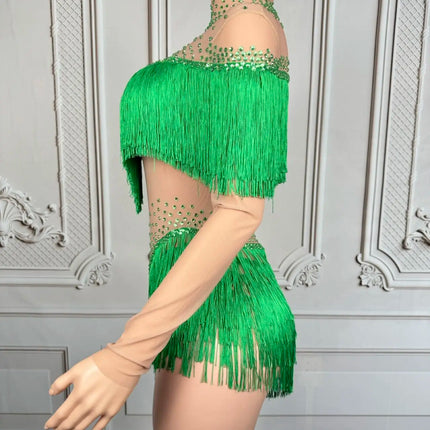 Sparkly Rhinestone Tassel Fringe Dance Performance Costume Stage Bodysuit