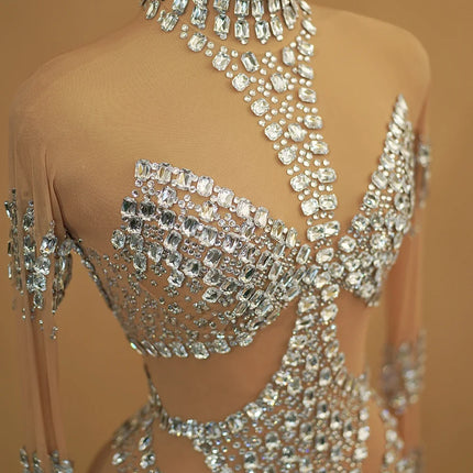 Sparkly Silver Rhinestone Sheer Mesh Jumpsuit Stage Performance Costume