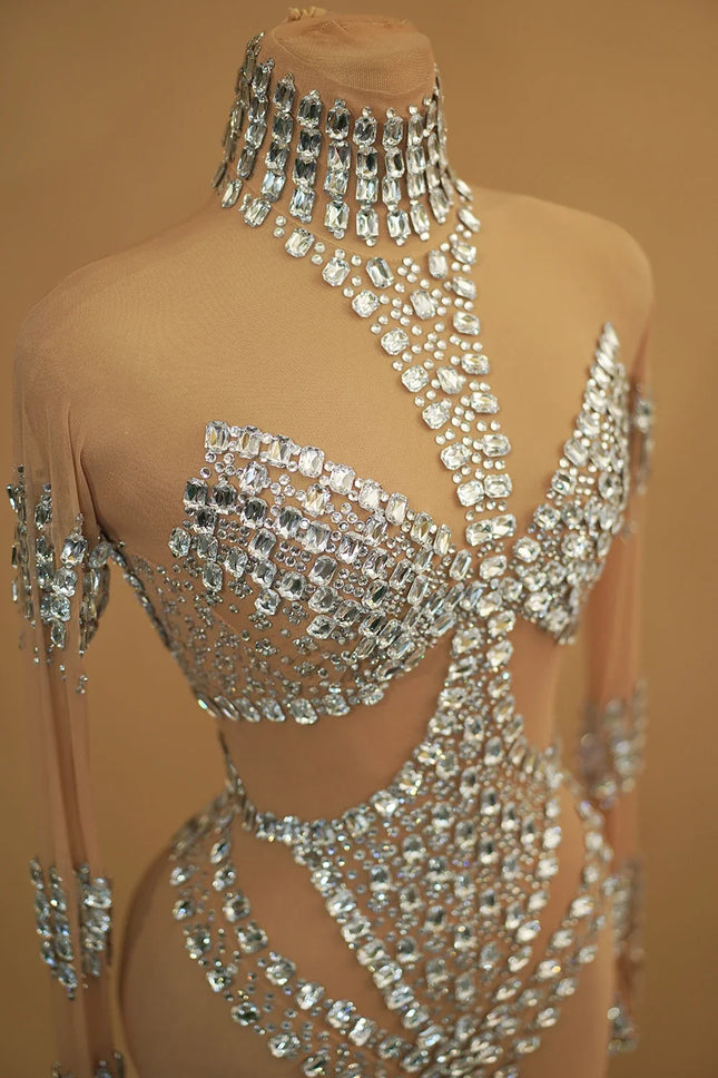 Sparkly Silver Rhinestone Sheer Mesh Jumpsuit Stage Performance Costume