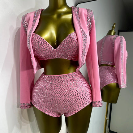 Rhinestone Bustier, High-Waist Mini Shorts & Cropped Jacket 3-Piece Performance Costume Set