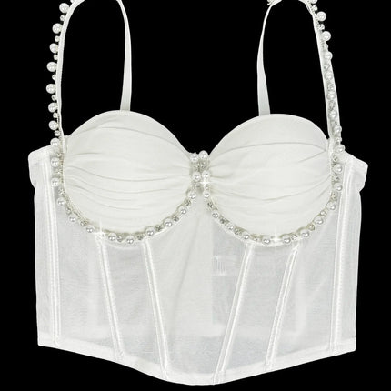 Pearl & Rhinestone Embroidered Bustier Corset Crop Top High Street Bralette