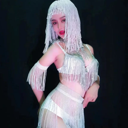 Luxury Crystal Tassel Bikini & Wig Performance Set – Premium Showgirl Stage Costume for GoGo Dancers, Nightclub DJs & Rave Outfits