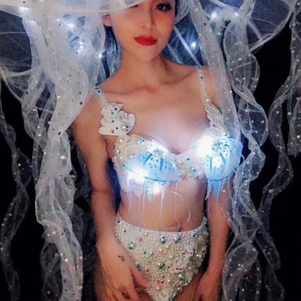 Pearl & Crystal Bustier Bikini Set & LED Illuminated Jellyfish Tentacle Headdress Stage Costume