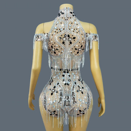 Luxury Rhinestone Sheer Mesh Bodysuit Drag Queen Stage Costume Leotard