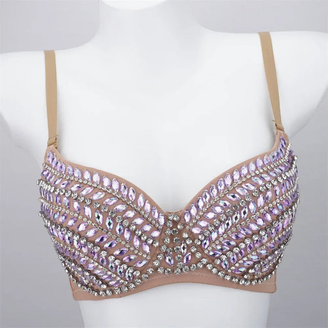 Sparkly Rhinestone Push-Up Bra Corset Top Showgirl Stage Performance Bustier