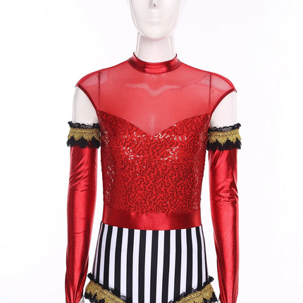 Circus Ringmaster Sequin Striped Bodysuit & Metallic Gloves 2-Piece Stage Costume Set