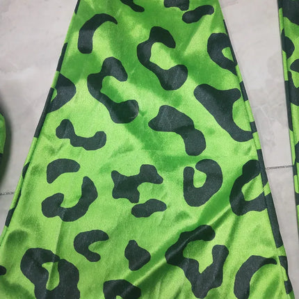 Neon Green Leopard Bikini Top, Wide-Leg Chaps Pants & Hat 4-Piece Stage Dance Costume Set