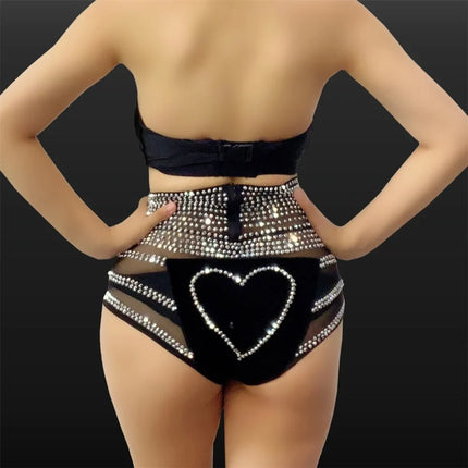 Black Rhinestone Grid Bikini & Feather Wing Headpiece Gogo Stage Costume Set