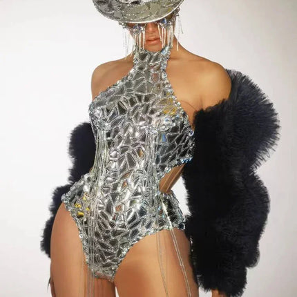Silver Mirror Asymmetrical Bodysuit, Sculpted Captain Hat & Puffer Bolero Coat 3-Piece Stage Costume Set