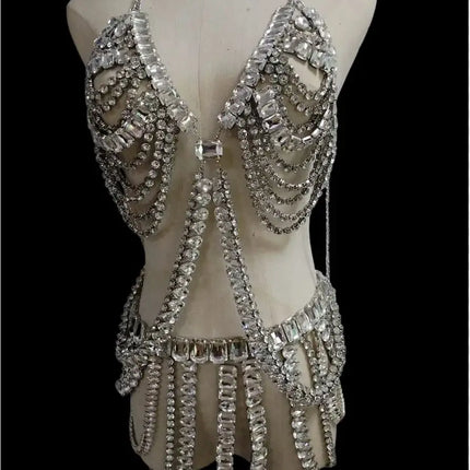 Dazzling Multilayer Crystal Chest & Waist Body Chain Set
