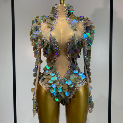 Iridescent Mermaid Scale Sequin & Rhinestone Illusion Bodysuit Stage Costume