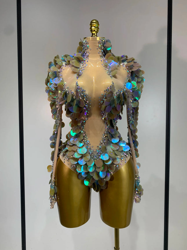 Iridescent Mermaid Scale Sequin & Rhinestone Illusion Bodysuit Stage Costume