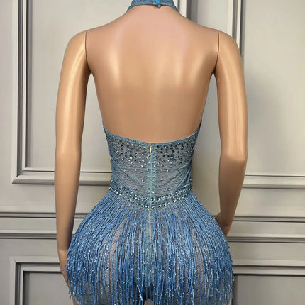 Sparkly Rhinestone Tassel Halter Bodysuit Deep V Backless Stage Dance Leotard
