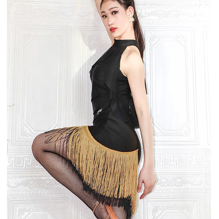 Black High-Neck Short-Sleeve Bodysuit & Gold Fringe Skirt Latin Dance Costume Set
