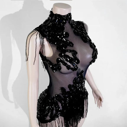 The Stardust Midnight Cabaret Bodysuit – Luxury Rhinestone & Mesh Showgirl Costume