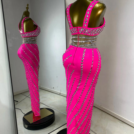 Hot Pink Rhinestone & Tulle Inset Open-Leg Maxi Evening Gown