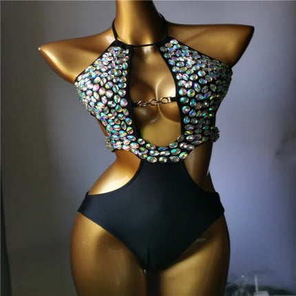 The Venus Vacation Cutout Monokini – Halter High-Waist Rhinestone Showgirl Costume
