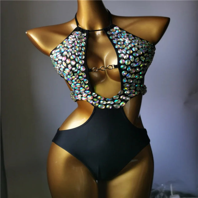The Venus Vacation Cutout Monokini – Halter High-Waist Rhinestone Showgirl Costume