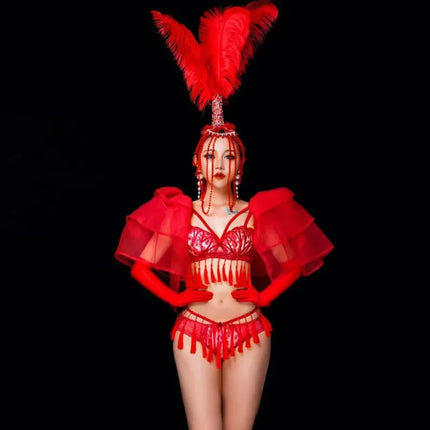 Red Feather Beading Headgear Bikini Dance Outfit Women Nightclub Party Show Stage Wear Bar Concert Singer Performance Costume