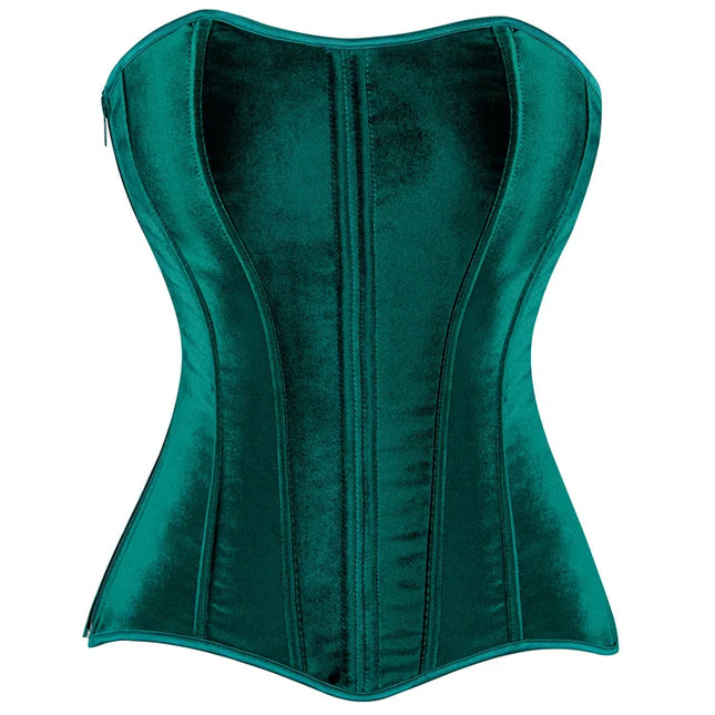 Green Velvet Overbust Corset Top Side Zipper Lace-Up Boned Bustier Top