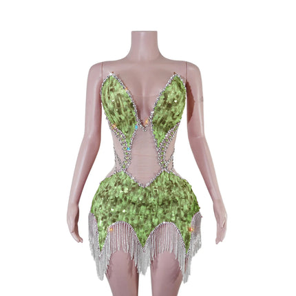 Sequin Beaded Tassels Mini Dress Crystals Mesh Bodycon Stage Performance Outfit