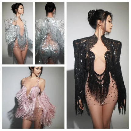 Rhinestone Sequin Fringe Mini Dress & Feather Shawl 2-Piece Stage Costume Set