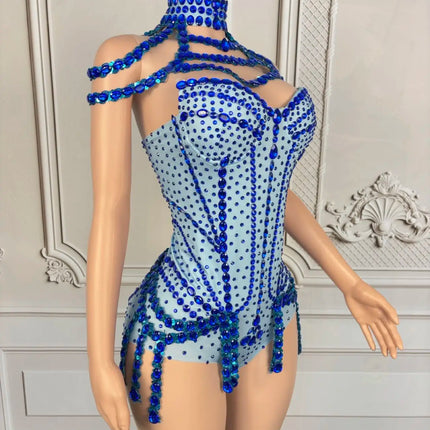 Sparkly Rhinestone Tassel Spandex Bodysuit Halter Dance Stage Costume Leotard