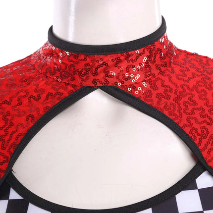 Sequin Checkerboard Car Racing Driver Costume Cutout Long Sleeve Romper Jumpsuit