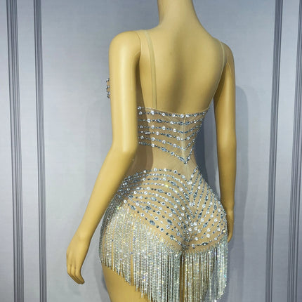 Flashing Crystal Rhinestone Chain Sheer Nude Mesh Stage Bodysuit Dance Leotard