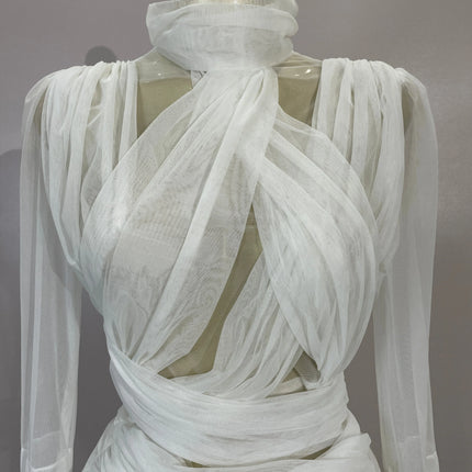 White High Collar Long Sleeve Solid Mesh Sexy See Through Ruffle Mini Dress